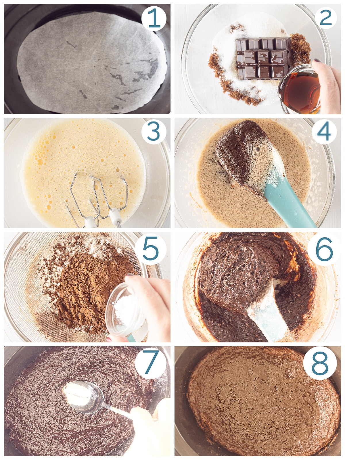 8 pictures with the preparation of brownies with brown sugar in the slow cooker