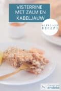 Een bord met een plakje zalm en kabeljauw visterrine. Een vork prikt erin. Tekst: makkelijk recept, visterrine met zalm en kabeljauw