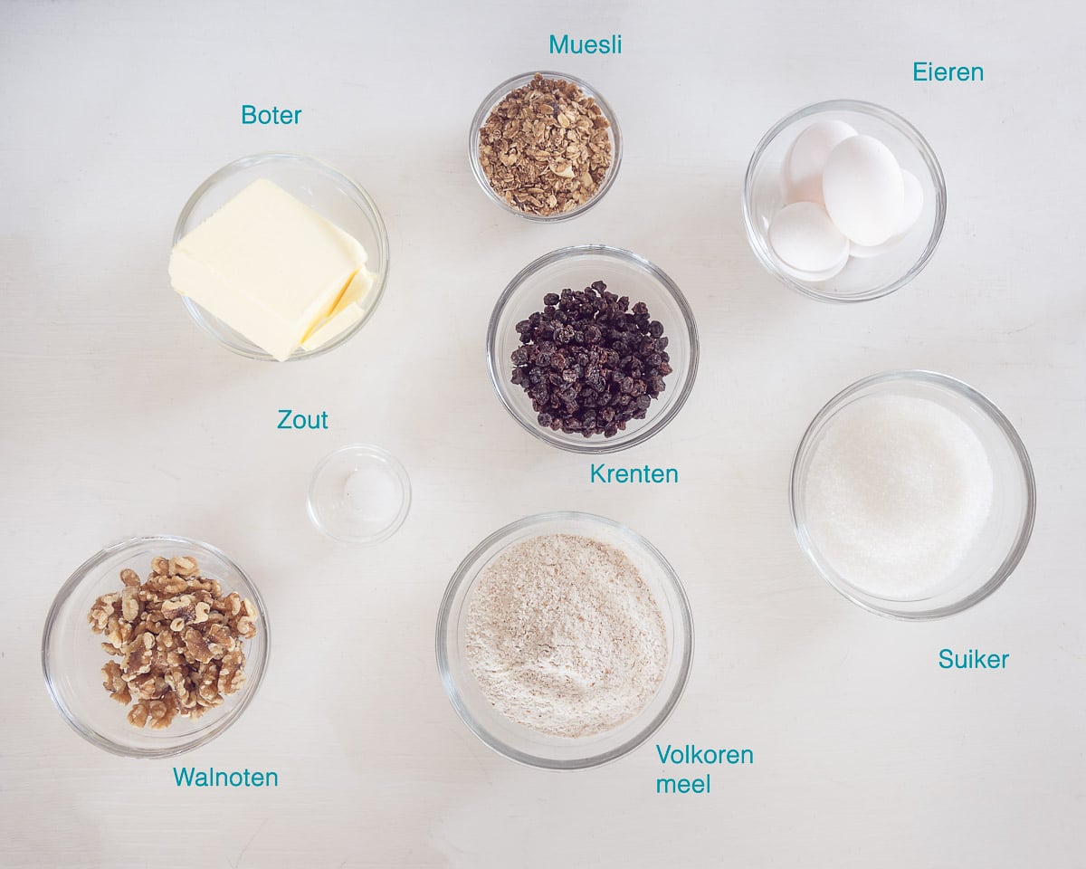 Ingrediënten Muesli cake met krenten en walnoten, individueel gelabeld op een witte ondergrond