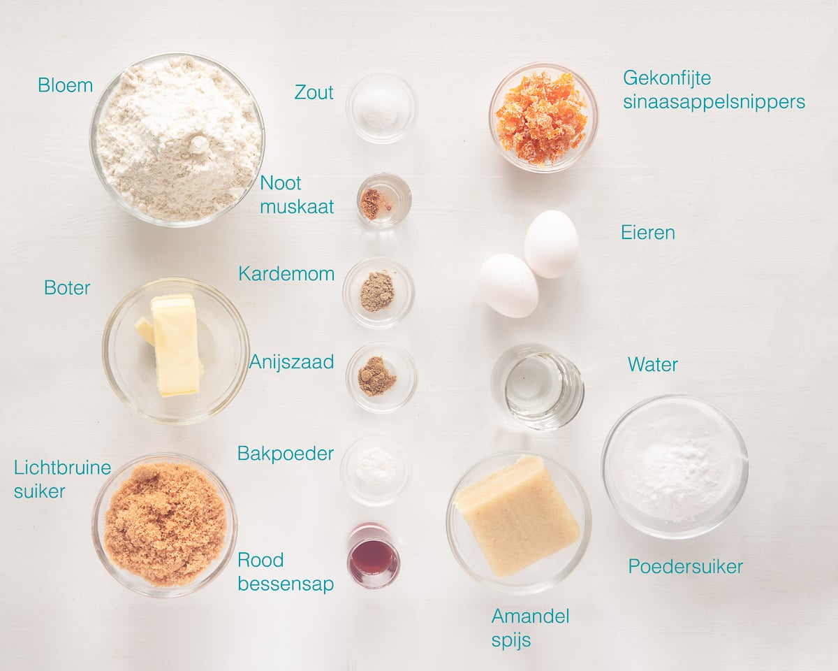 Ingrediënten Zelf Lekkere Friese Oranjekoek maken op een witte ondergrond met een tekst beschrijving