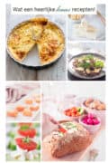 Een collage van 6 foto's met kaas. Een tekst bovenin. Wat een heerlijke kaas recepten
