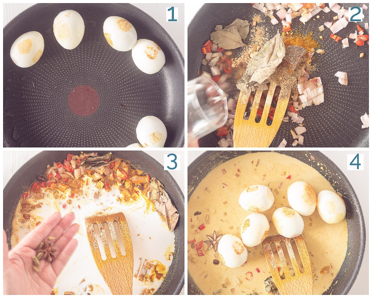4 foto's bereiding collage Sambal Goreng Telor Eieren in Pittige Saus