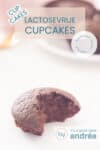 Een chocolade cupcake met een hap eruit op een witte ondergrond in de voorgrond. Een textoverlay bovenin: lactosevrije cupcakes, makkelijk recept, chocola