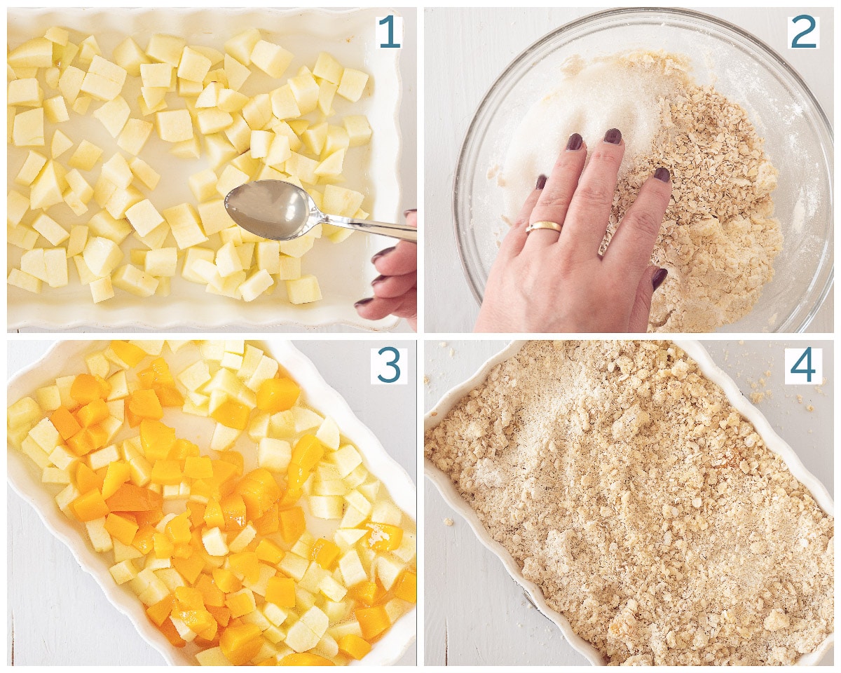 4 stappen bereiding Appel Perzik Crumble