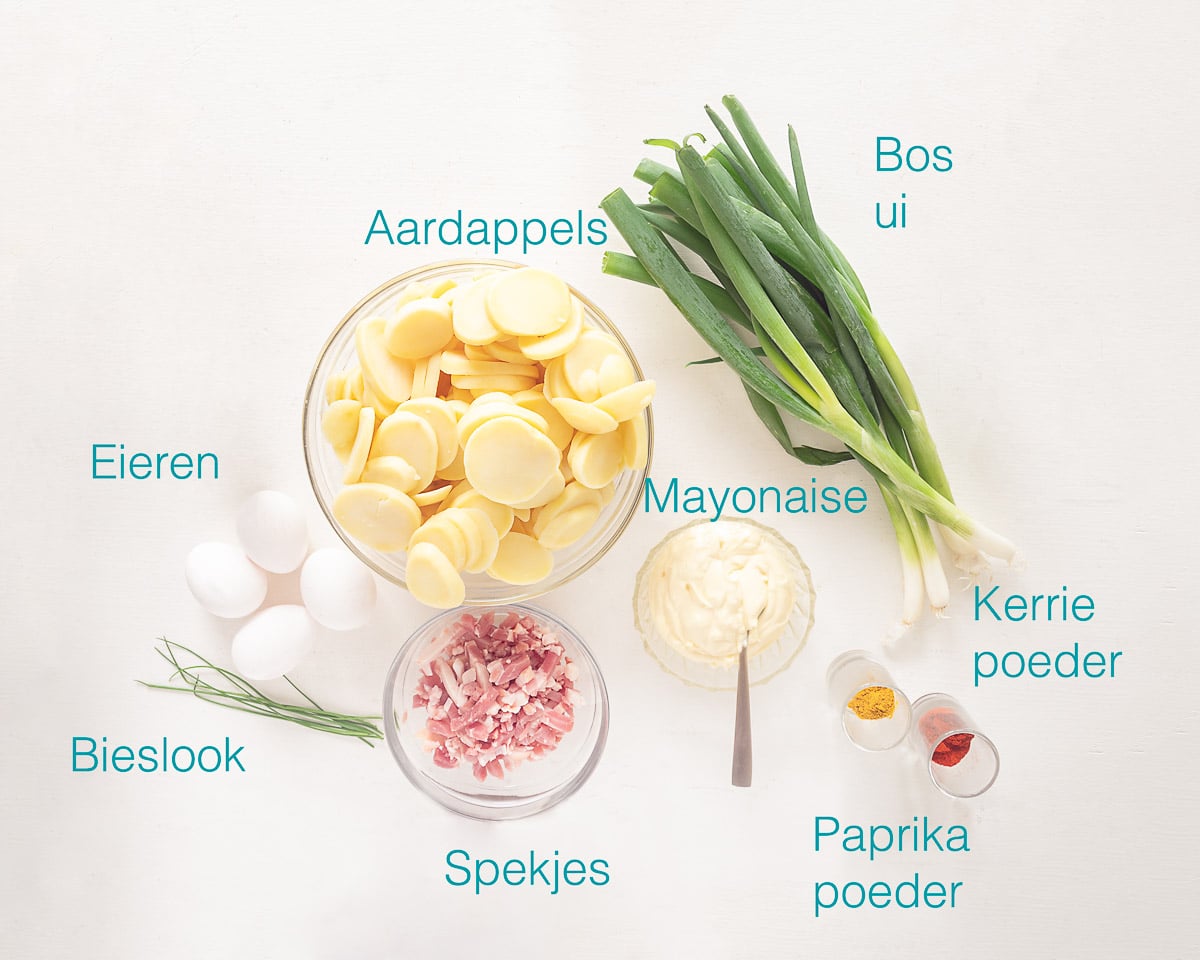 Ingrediënten Duitse Aardappelsalade op een witte ondergrond met tekst beschrijving