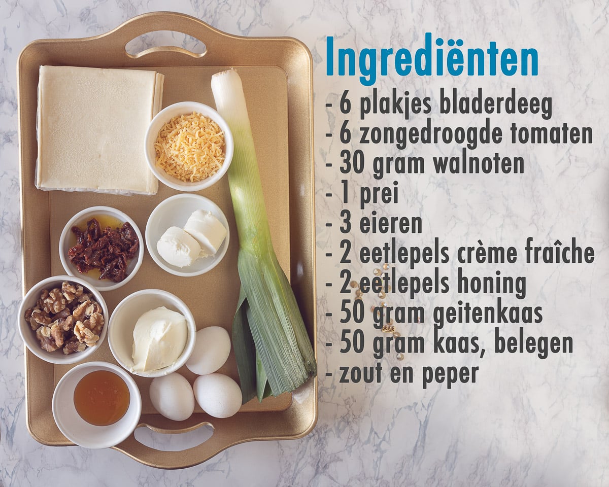 Ingrediënten Prei quiche met geitenkaas, honing en walnoot