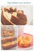 Een collage van drie foto's met kerst baksels: cake, tulband en muffins