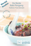 Een blauwe bowl gevuld met babi pangang en zoete tomatensaus. Aan de kom wordt een Chinese lepel toegevoegd. Bovenin een tekstoverlay: de beste babi pangang, wereldkeuken