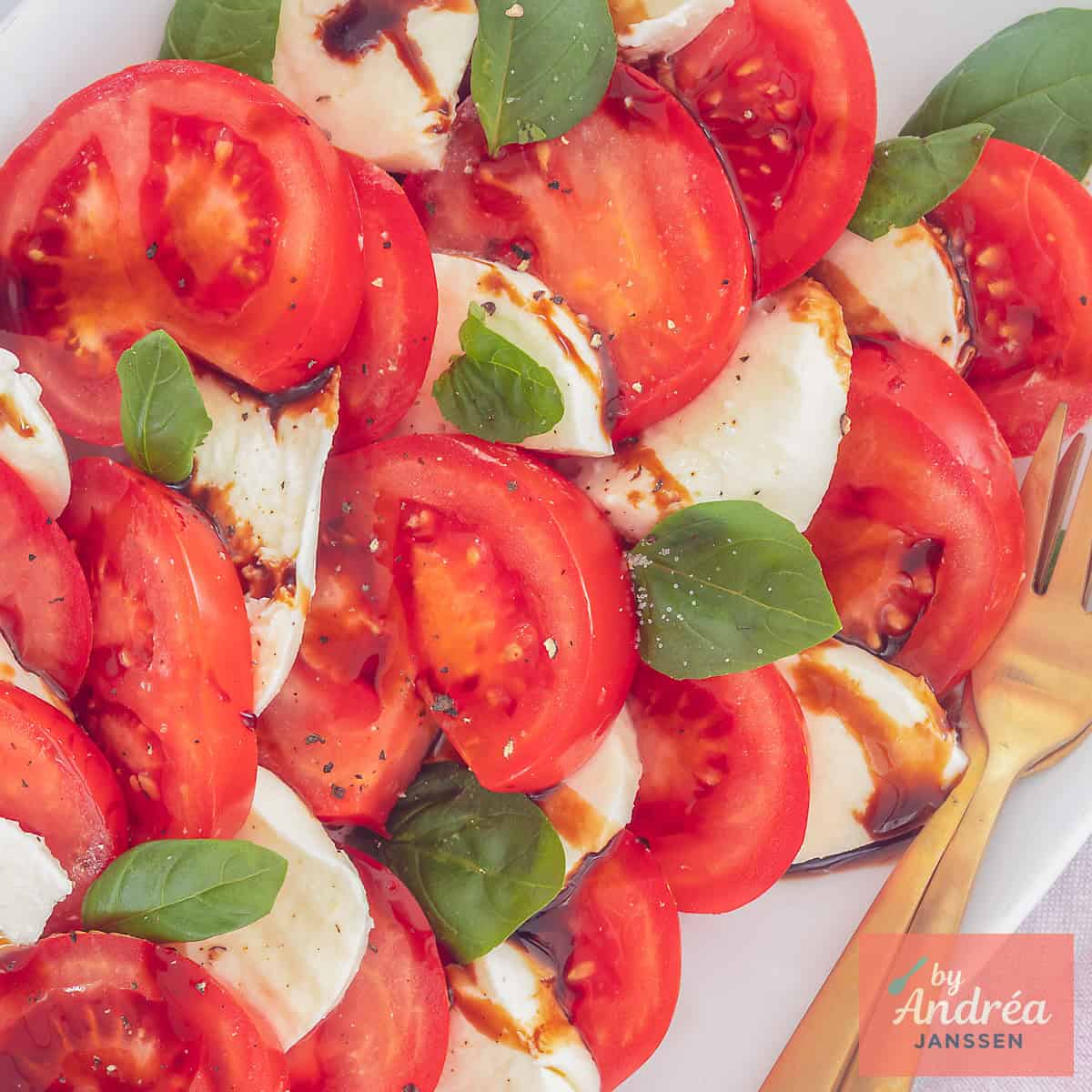 Een vierkante foto met tomaten, basilicum, mozzarella en balsamico in schijfjes op een witte schaal.