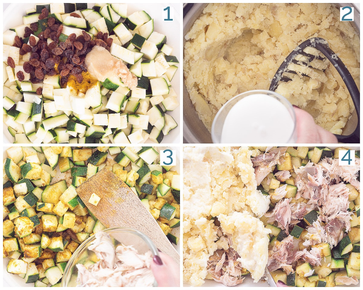 4 foto's bereiding collage Courgetteschotel met Vis
