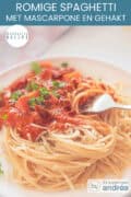 Een bord met spaghetti met een romige mascarpone gehaktsaus. Een tekst: romige spaghetti met mascarpone en gehakt, makkelijk recept