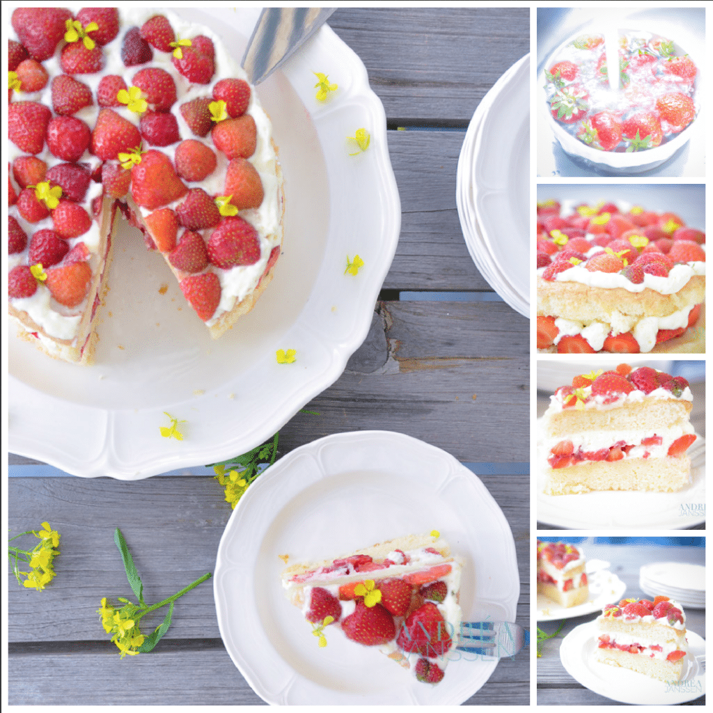 Aardbeien chiffon cake overzicht van hele taart en stukjes