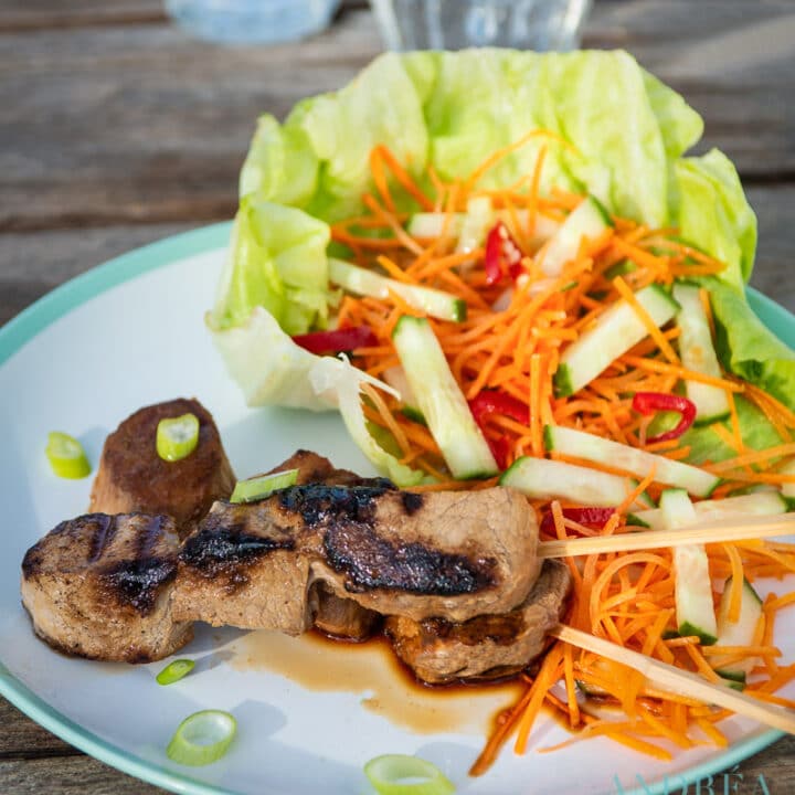 Varkenshaas spiesje met komkommer wortel salade op een bord