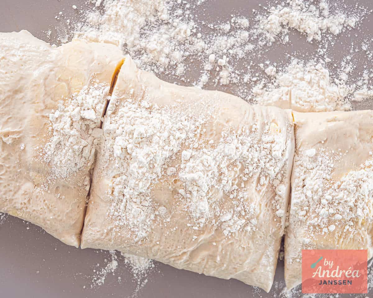 The dough cut in three