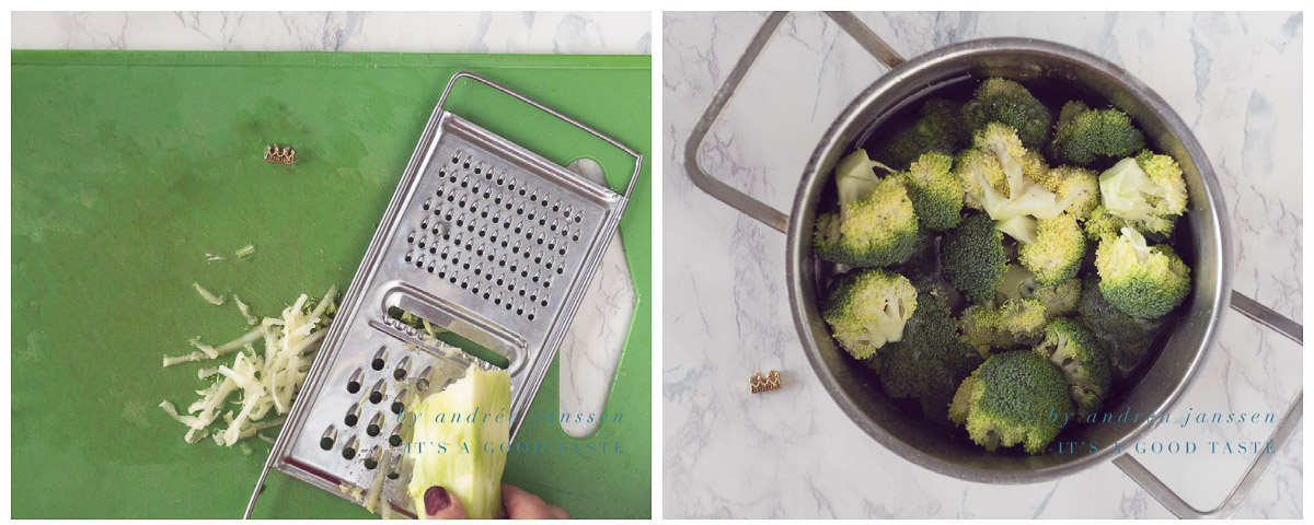 Kook de broccoli roosjes en rasp de steel