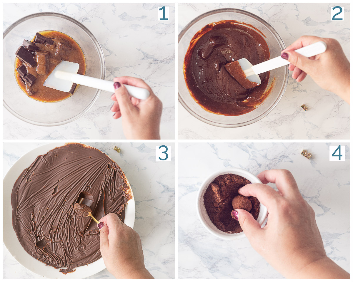 4 foto collage voor de bereiding van gezouten karamel chocolade truffels
