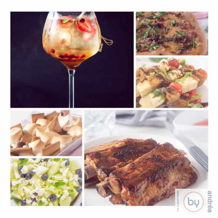 Een vierkante foto collage met zes heerlijke gerechten voor bij een BBQ.
