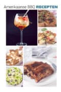 Een hoogtefoto met een collage van zes foto's met daarop gerechten voor bij een zomer BBQ. Bovenin een tekst: Amerikaanse BBQ recepten