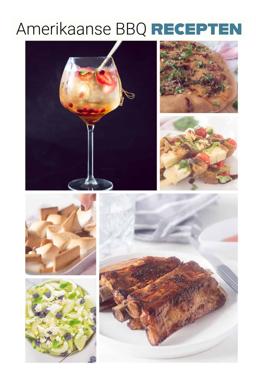 Een hoogtefoto met een collage van zes foto's met daarop gerechten voor bij een zomer BBQ. Bovenin een tekst: Amerikaanse BBQ recepten
