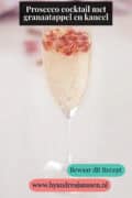 Een deel van een champagneflute gevuld met granaatappelpitjes, Prosecco en kaneel