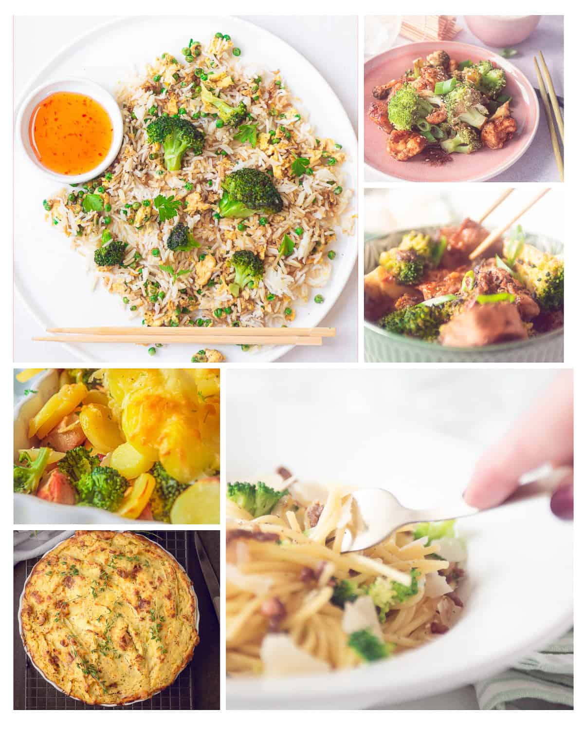 Een hoogtefoto met een collage met 6 foto's met maaltijden met broccoli