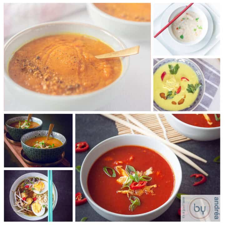 Een vierkante foto met een collage van 6 foto's van soepjes