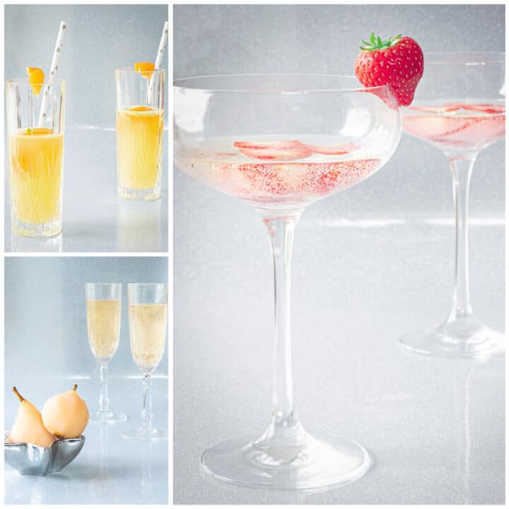 Een vierkante collage met drie cocktails met een zilveren achtergrond