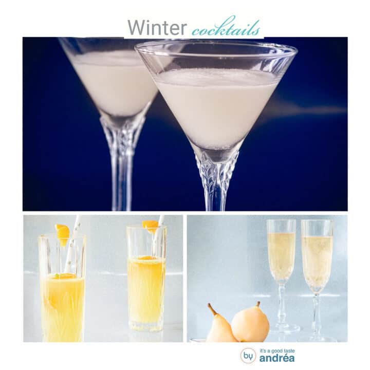 Een vierkant met drie foto's in een collage van cocktails. Een tekst bovenin winter cocktails