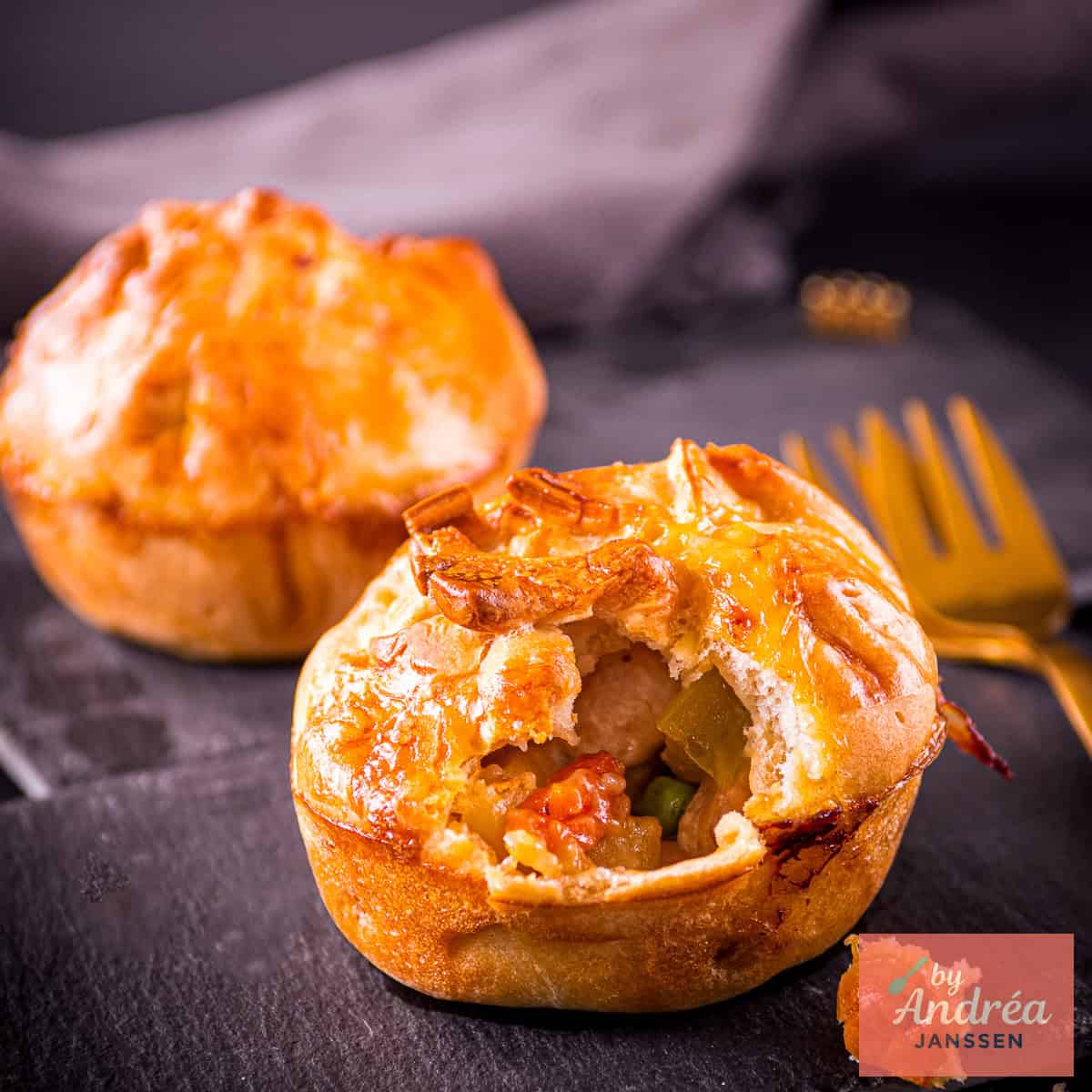 Een vierkante afbeelding met twee kip pasteien op een steen.