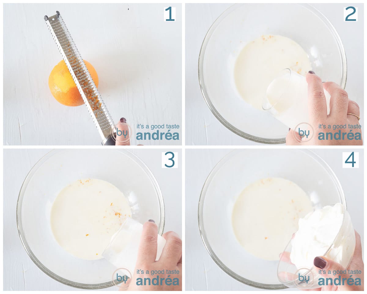Rasp de sinaasappel en voeg de ingredienten toe aan een glazen kom.