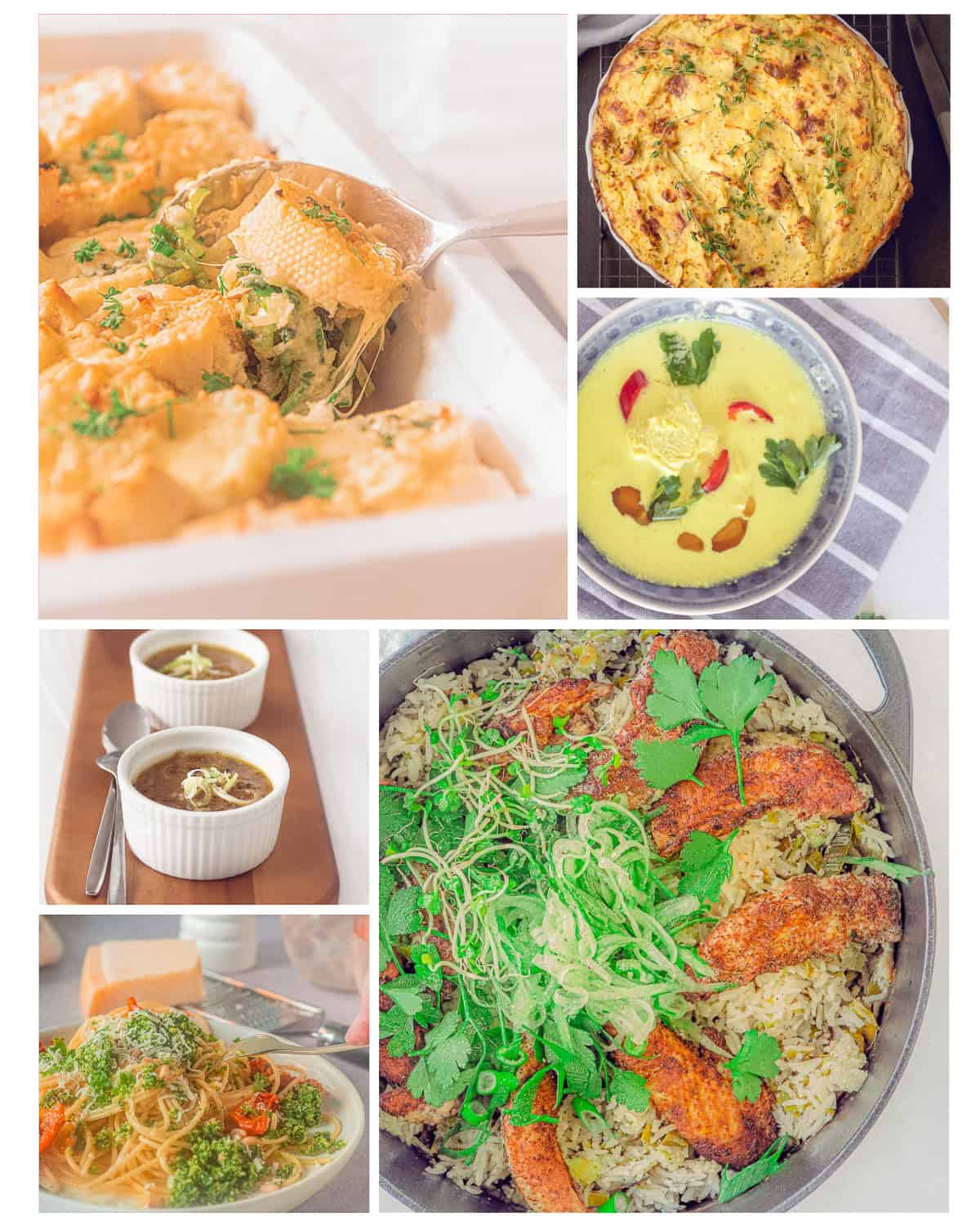 A height picture containing a collage of 6 photos with recipes made from your stock