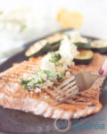 Een bord met gegrilde zalm waar een vork een stukje uit wil prikken