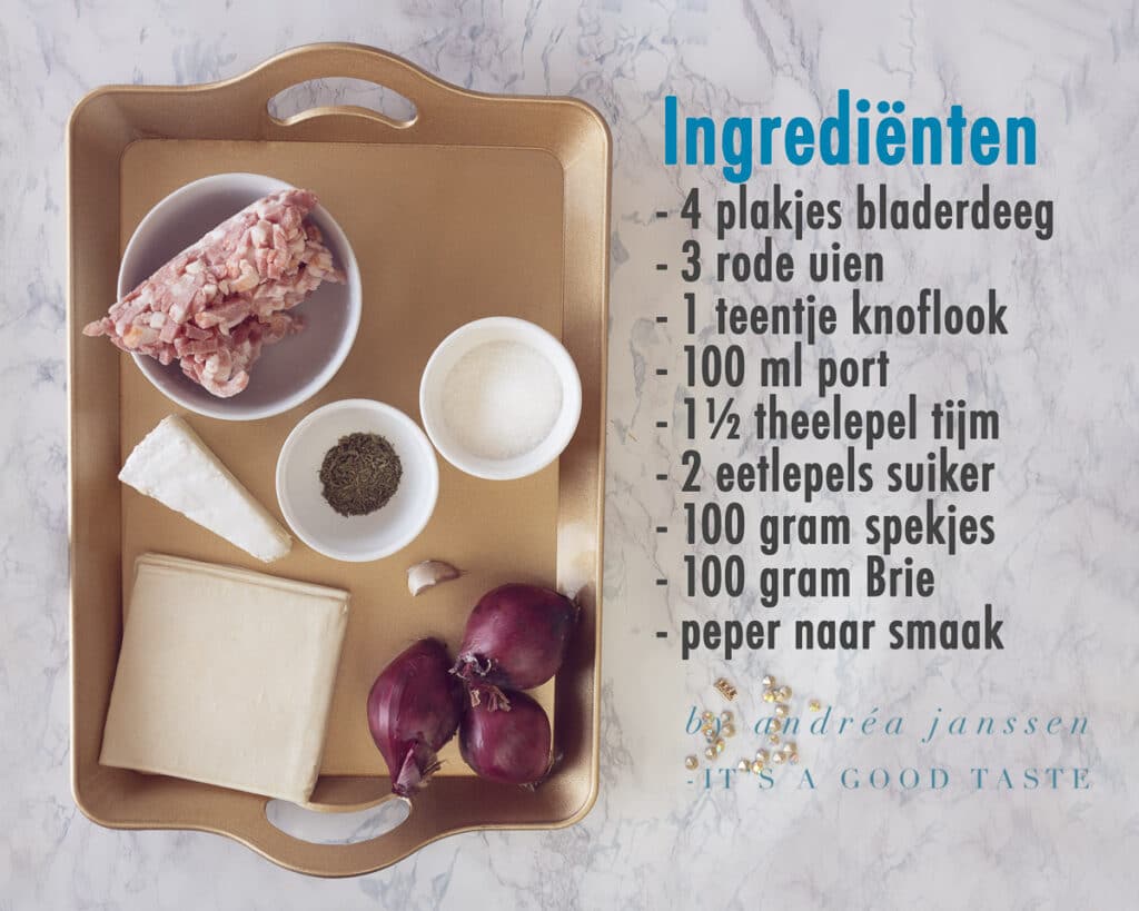Ingrediënten Bladerdeeg hapjes uit de oven met Brie, spek en gekarameliseerde ui