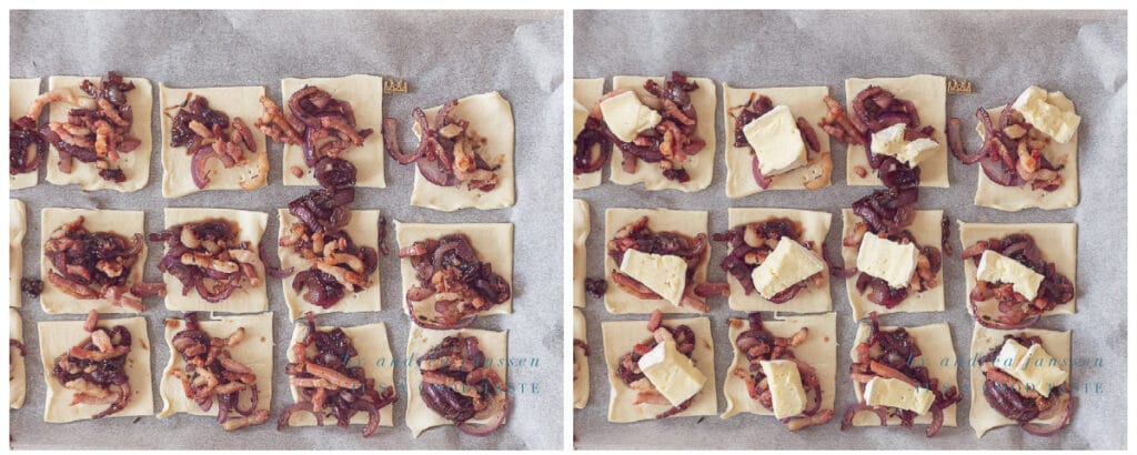 Leg de gekarameliseerde uien, spekjes en Brie op het bladerdeeg