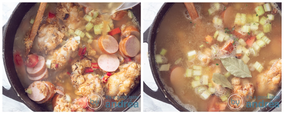 Schenk bouillon bij de gumbo en voeg de laurierblaadjes toe