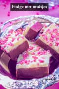 Een deel van een zilveren schaal met blokjes red velvet fudge met muisjes. Een text bovenin: fudge met muisjes