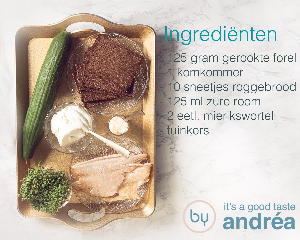 ingrediënten hapje gerookte forel met zure room