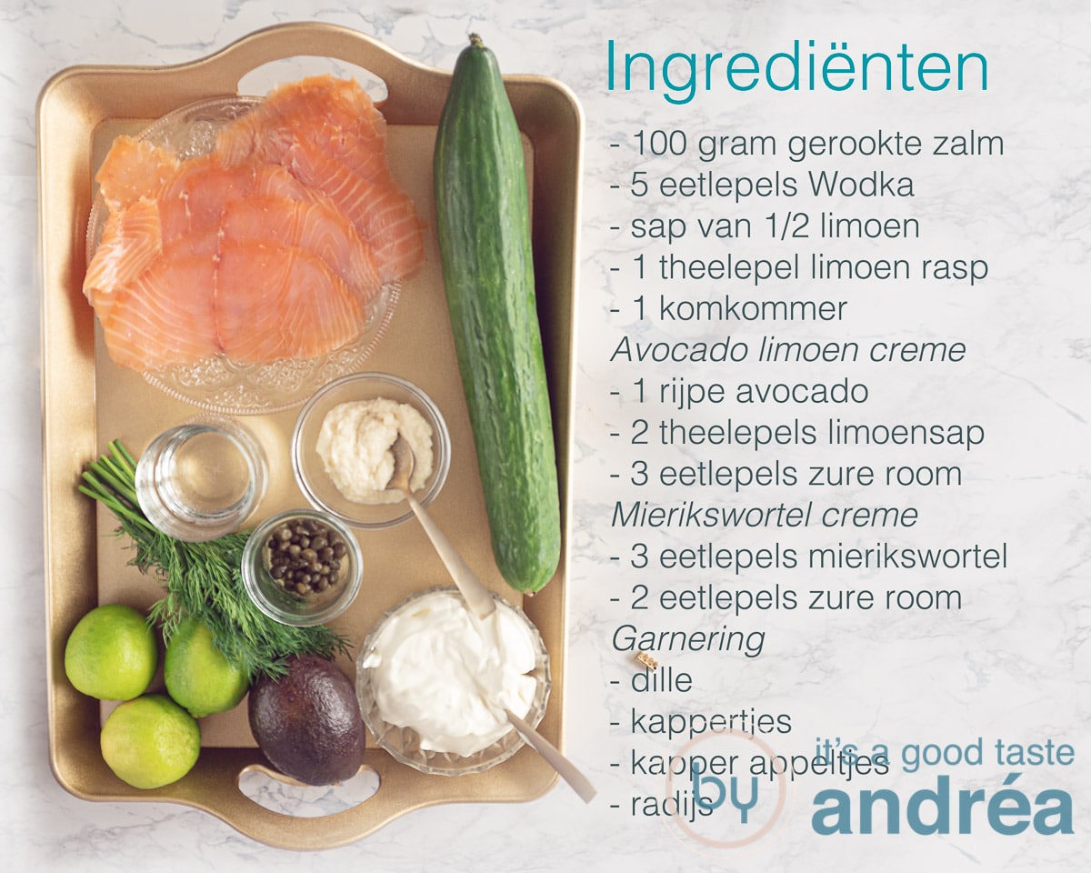 ingrediënten voor een voorgerecht met gerookte zalm, komkommer en avocado creme