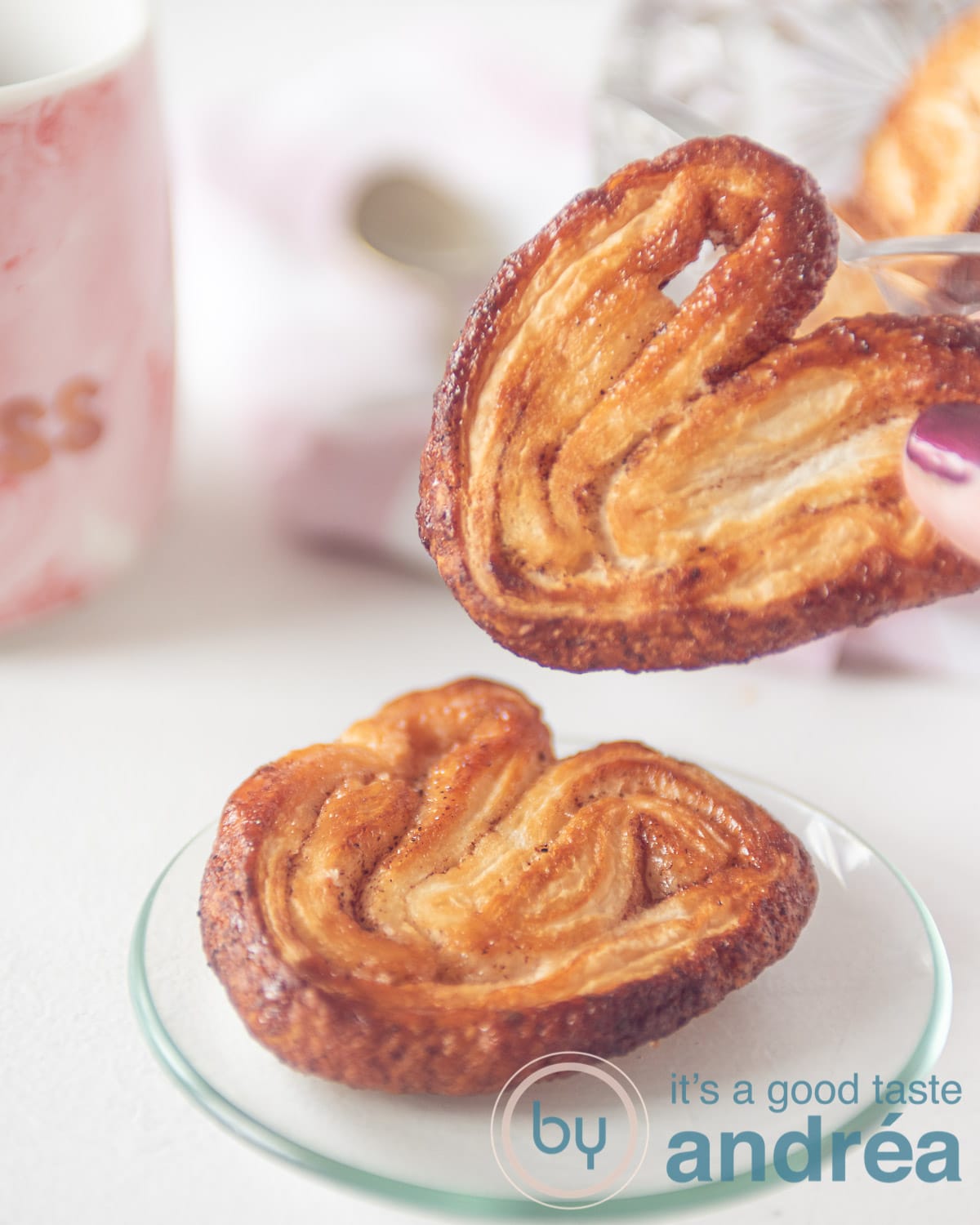 Twee palmiers, 1 op een schaaltje, 1 in de hand, een roze kopje op de achtergrond