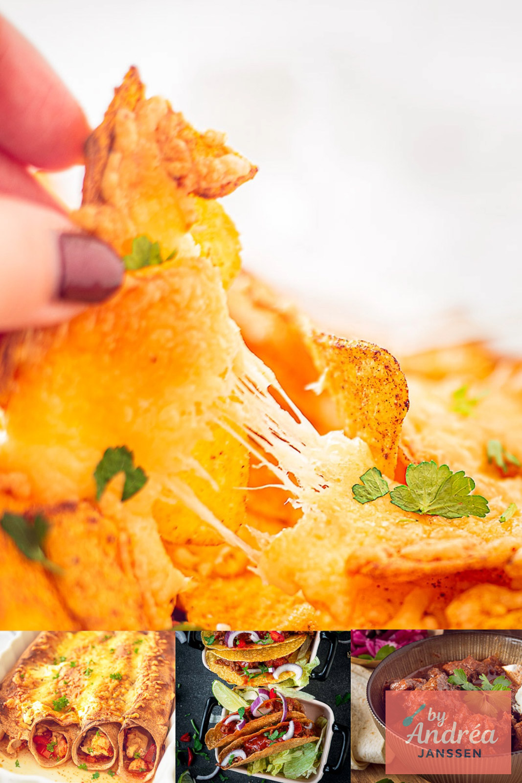 Mexicaanse quesadilla met cheese pull, chicken taquitos, hard shell tacos en Mexicaanse stoofpot in een collage