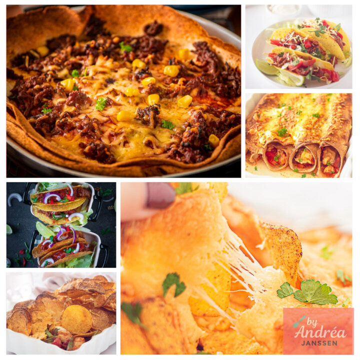 Een vierkante foto met een collage van zes Mexicaanse Recepten
