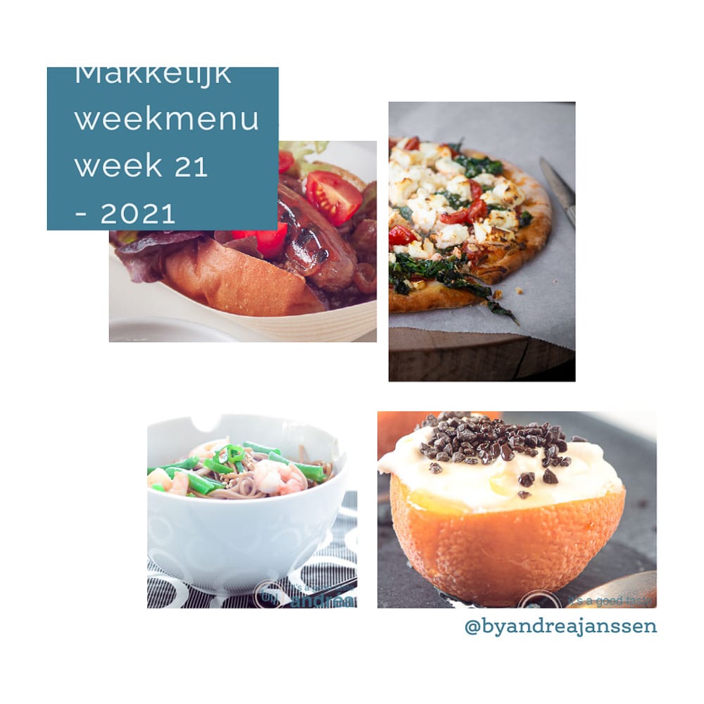 Makkelijk weekmenu 4 recepten in foto's van het weekmenu, noedels, braadworst, pizza en sinaasappel parfait met licor 43