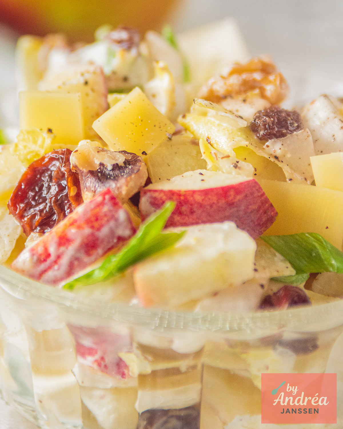 Witlofsalade met appel, kaas, walnoten en rozijnen