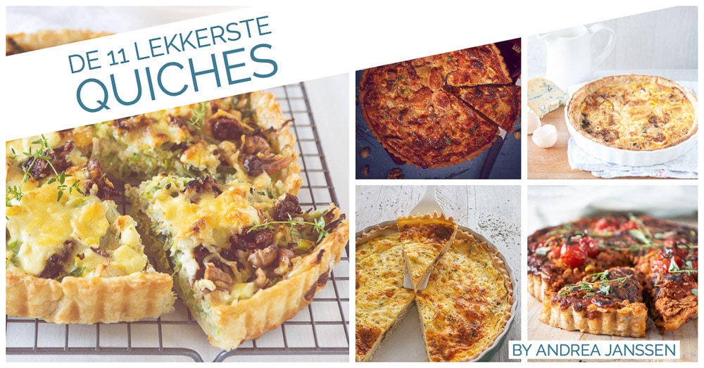 een breedtefoto met vijf quiches en de tekst de lekkerste quiches