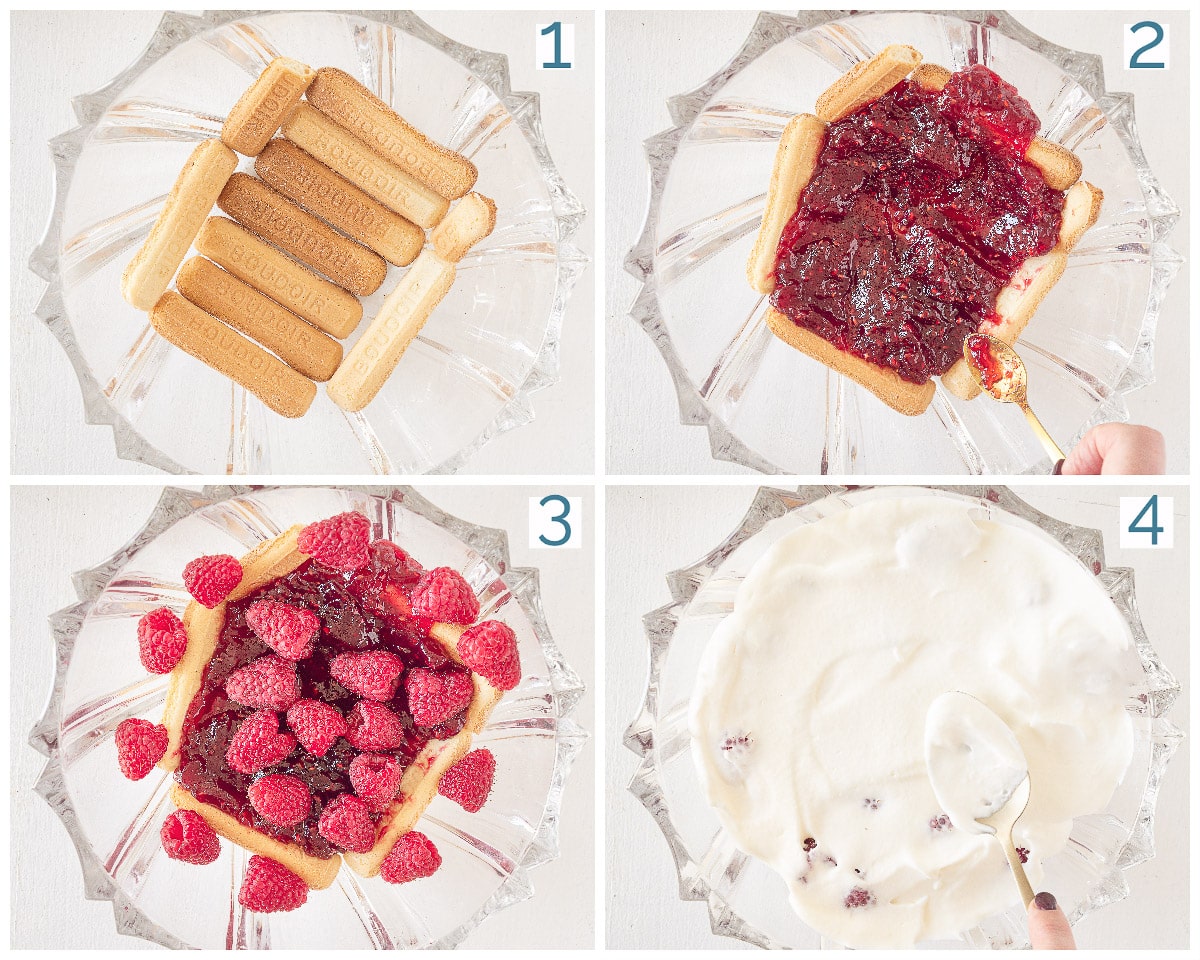 4 collage foto bereiding Frambozen Trifle met Room