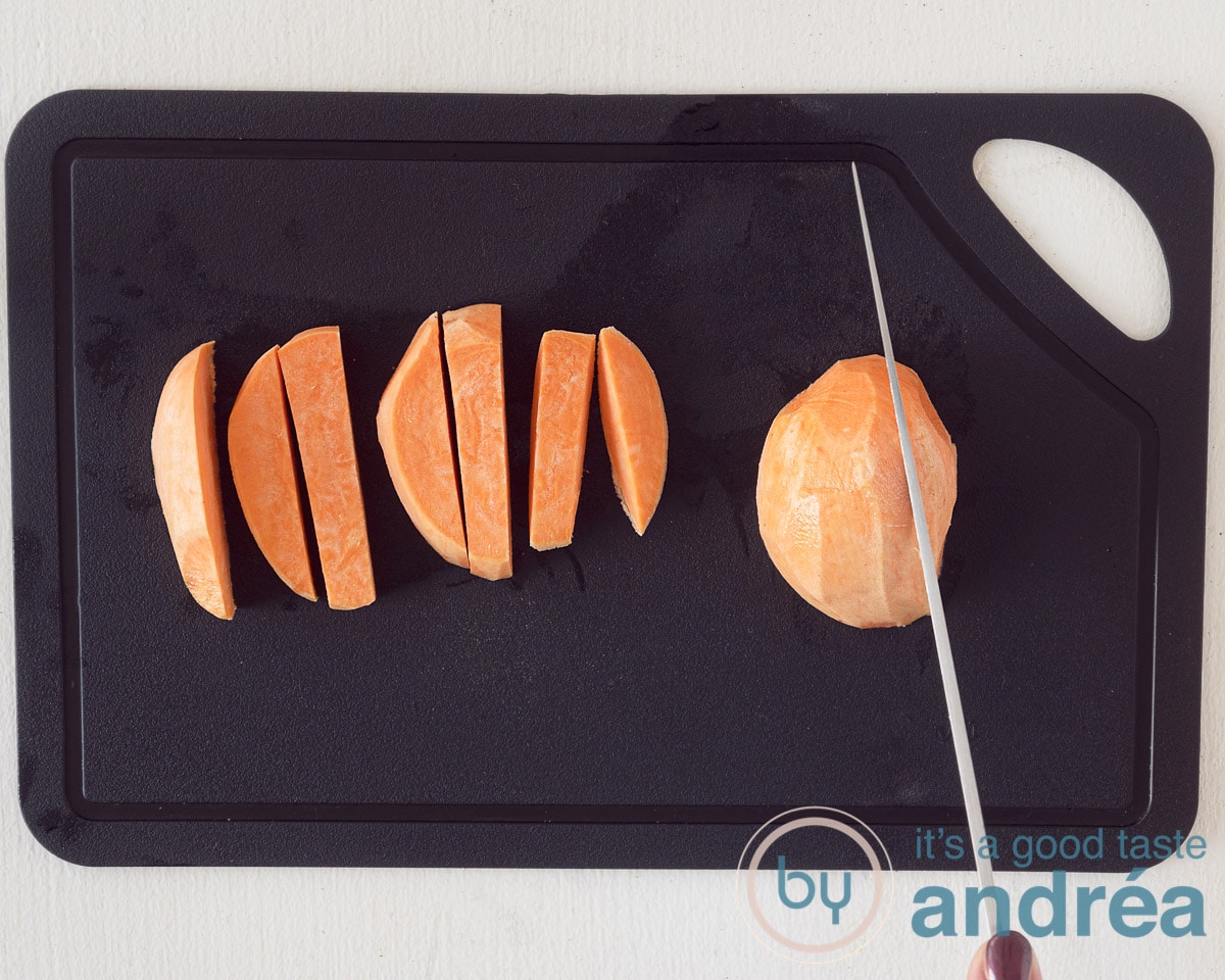 The sweet potato is cut into fries