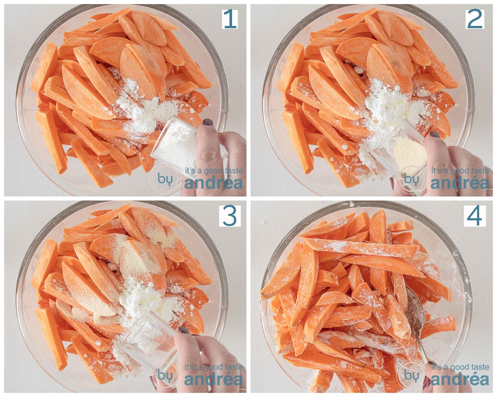 four photos showing the seasoning of the sweet potatoes
