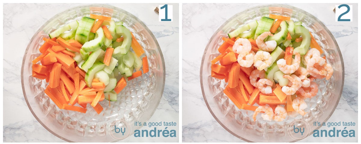 a glass bowl which is filled with veggies and shrimp