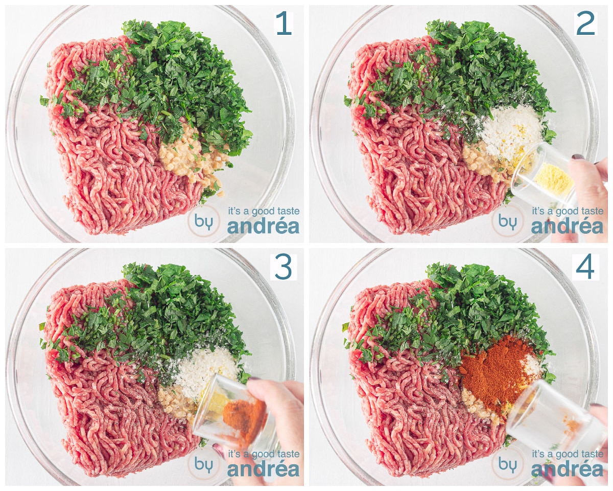 Voeg bij het gehaktmengsel vegetarische, paprikapoeder, bloem, peterselie en knoflook