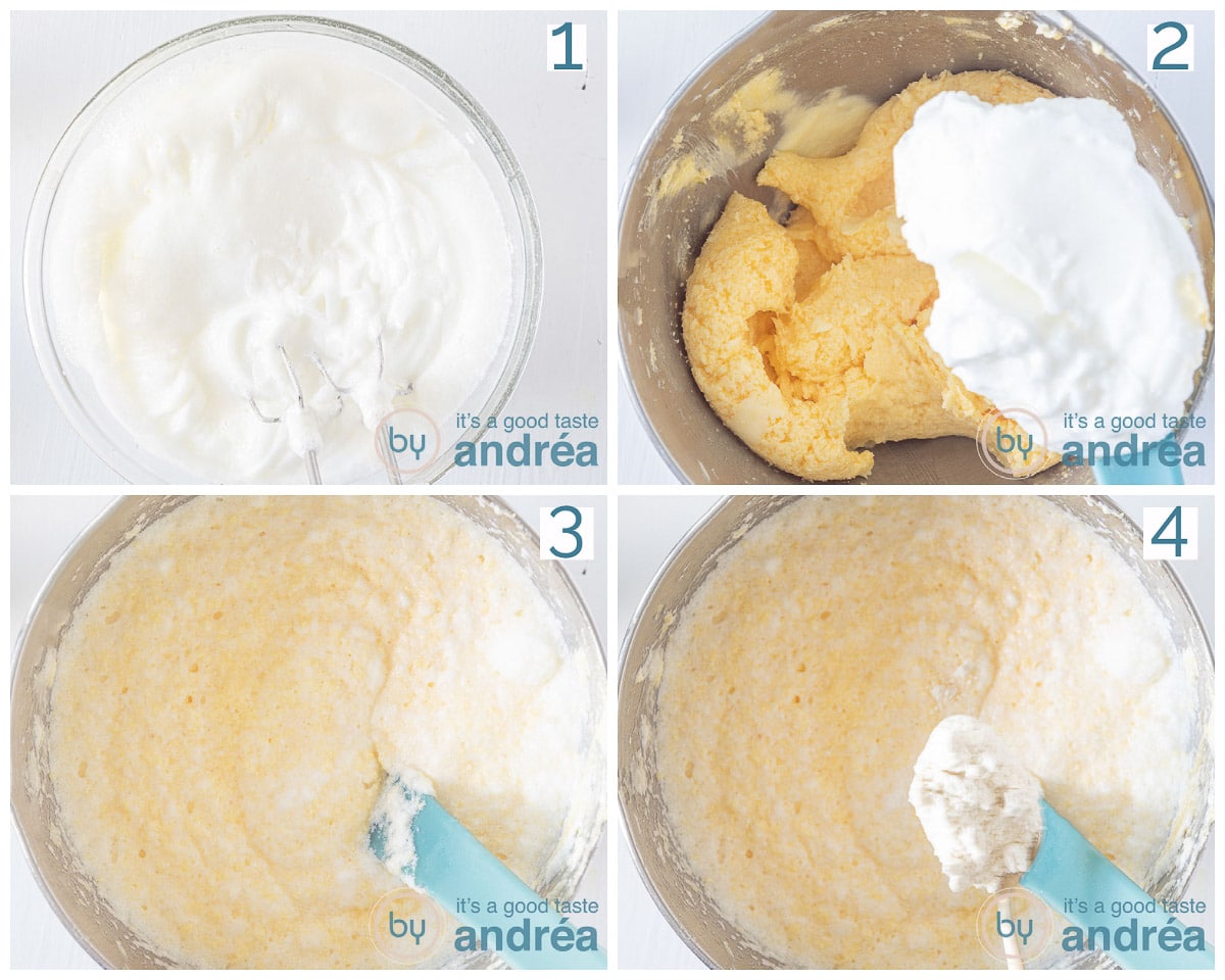 Kom met stijfgeklopt eiwit. Stijfgeklopt eiwit in beslag, bloem aan beslag toegevoegd